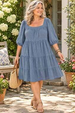Polagram Stretchy 3/4 Sleeve Tiered Modest Soft Girl Midi Blue Dress. Ladies XL